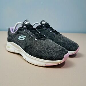 Skechers Washable Women Sz 10.5 Knit Lace-Up Arch Fit Comfy Wave Black/Lavender